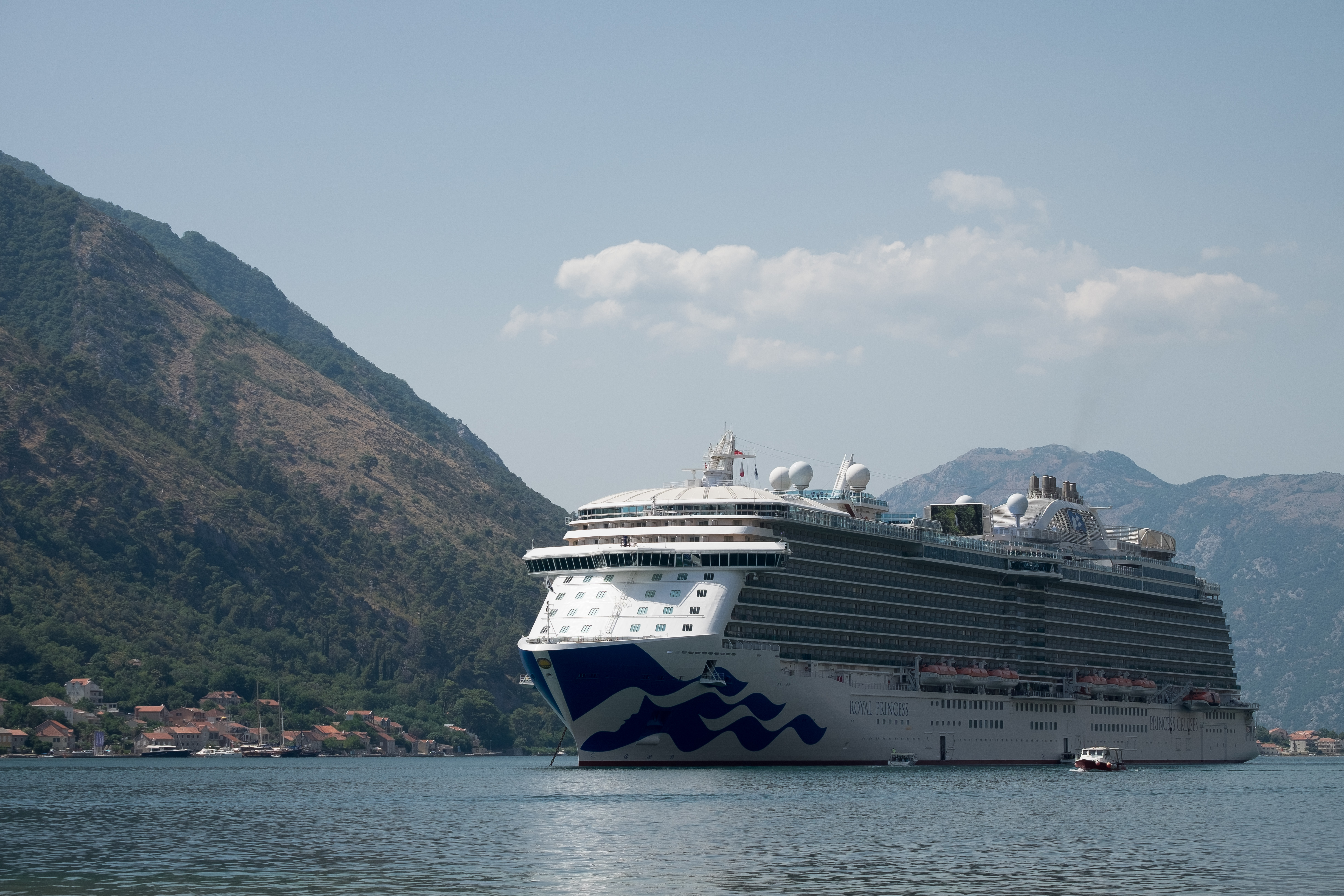 The Royal Princess, a cruise ship, moves into the Bay of Kotor, Montenegro
